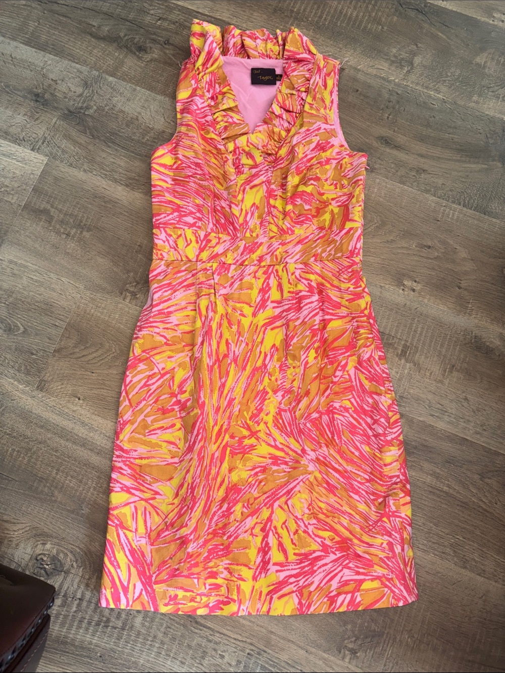 Taylor Pink & Yellow Ruffle V-Neck Mini Dress